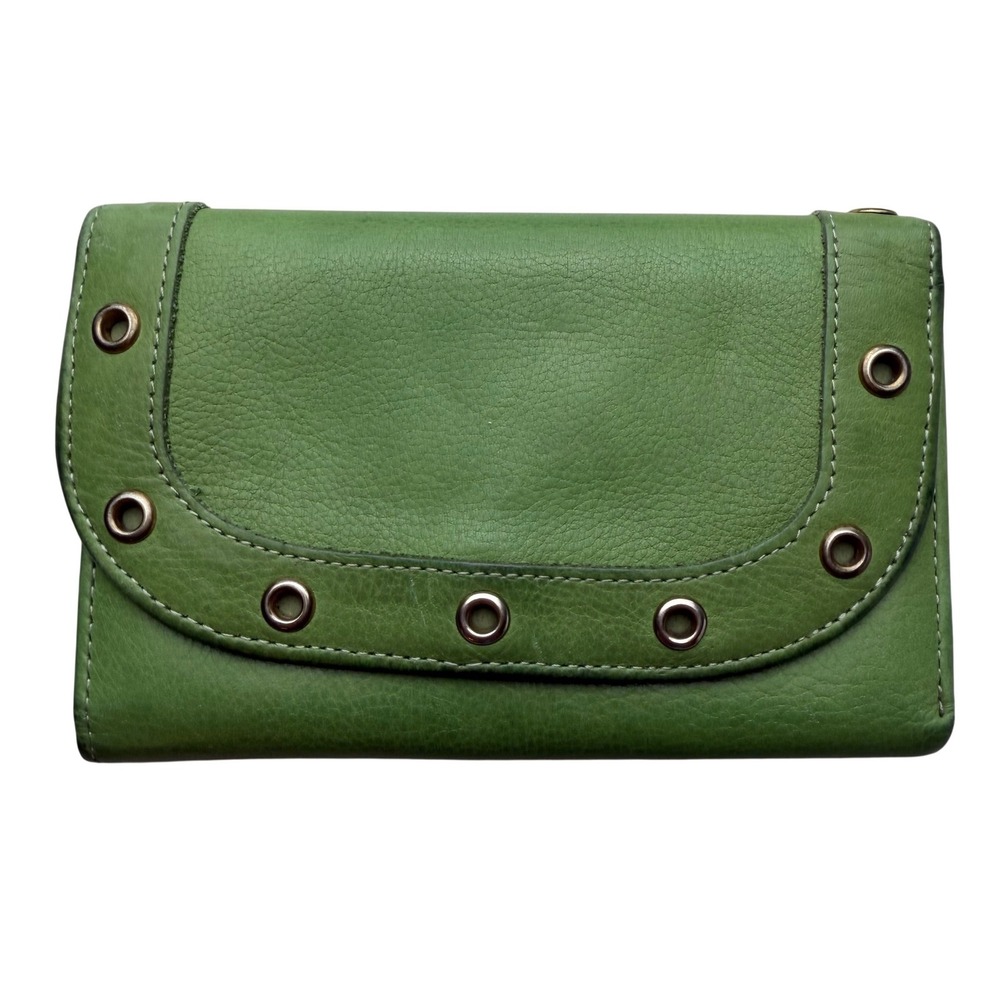 Leather Mini Tri-fold Wallet Grommet Contrast Stitch Green Indie Utility Retro